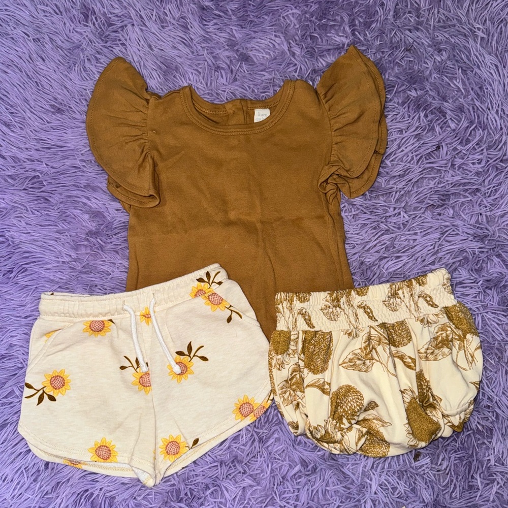 Brown Ruffle Sleeve Top and Floral Shorts Set